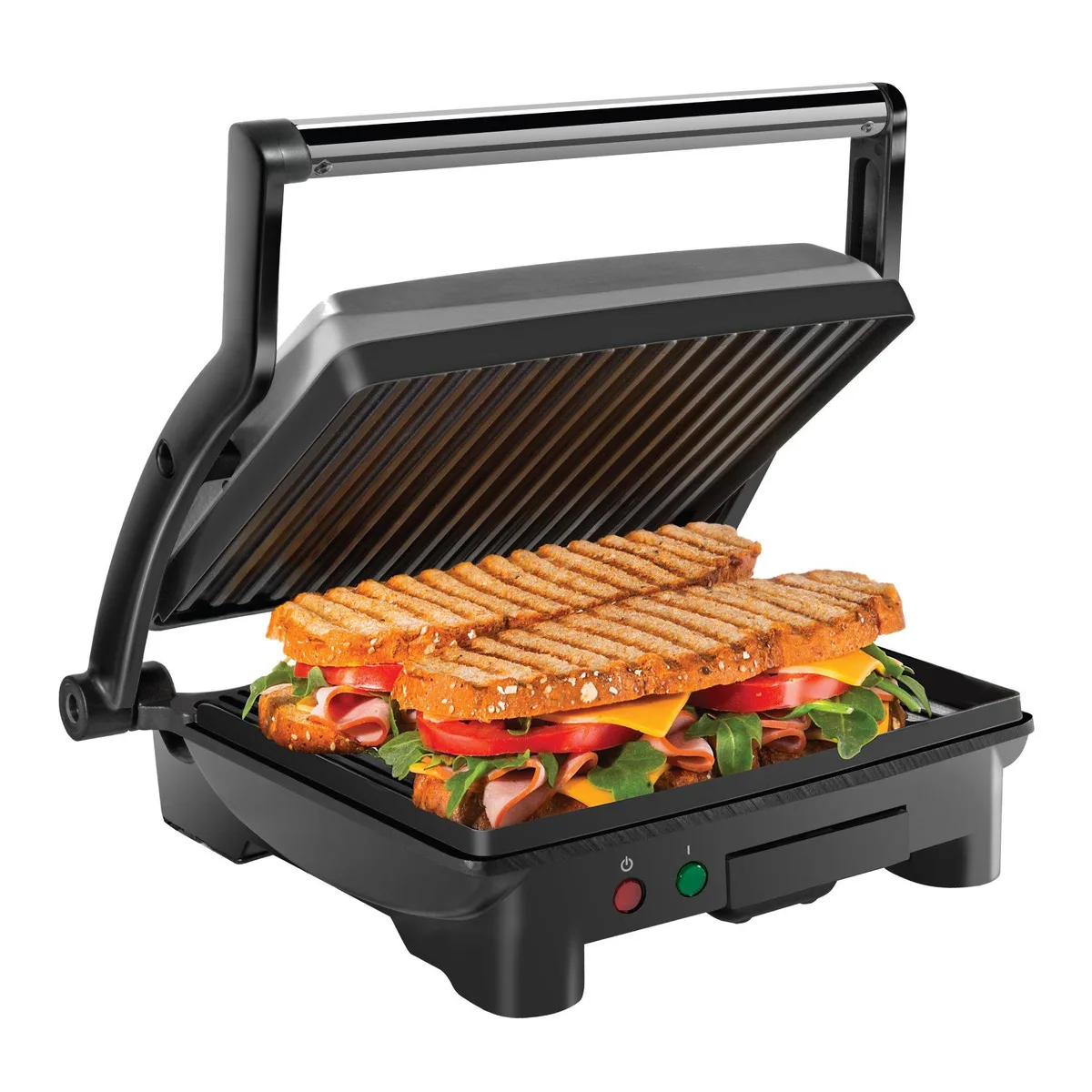 Black panini press with ridged non-stick plates, floating hinge opens 180 degrees, stainless steel accents, removable drip tray
