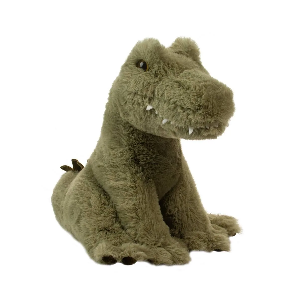 Green plush alligator sitting with felt teeth and spikes