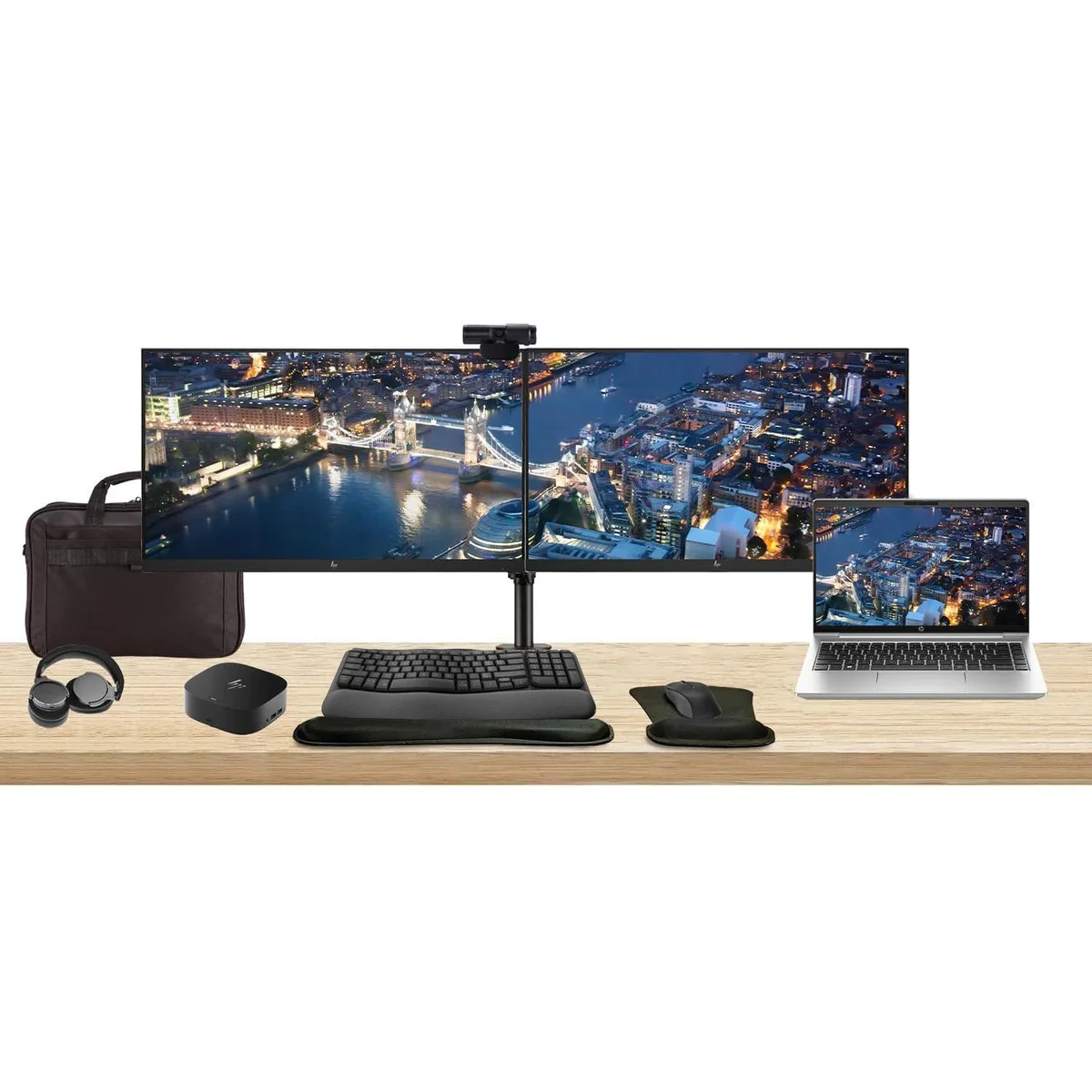 HP HP ProBook 440 G10 14" i5-1335U 8GB 256GB SSD bundle with dual 24" monitors, dock, peripherals — product photo