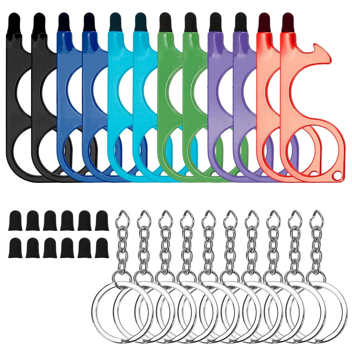 Twelve black metal door-opener tools with rubber stylus tips on keychain loops