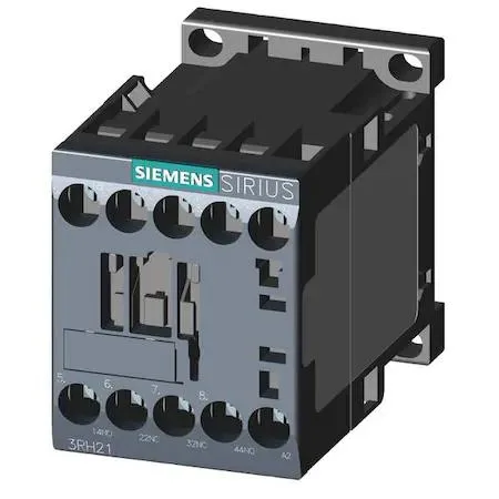 Grey rectangular IEC control relay with screw terminals and DIN rail clips
