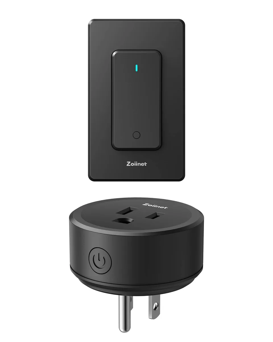 Black rectangular remote-controlled outlet switch, matte finish, compact size