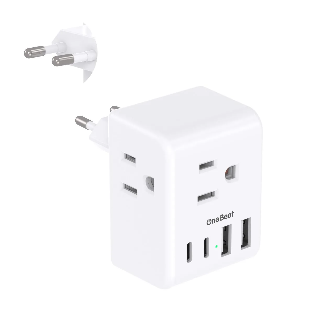 White rectangular travel adapter with Type C plug, three AC outlets and four USB ports