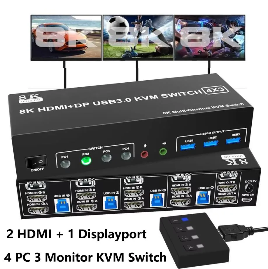 Hitoor Hitoor 4-Port 3-Monitor KVM Switch 8K@60Hz 4K@144Hz 2 HDMI + 1 DP USB 3.0 — product photo
