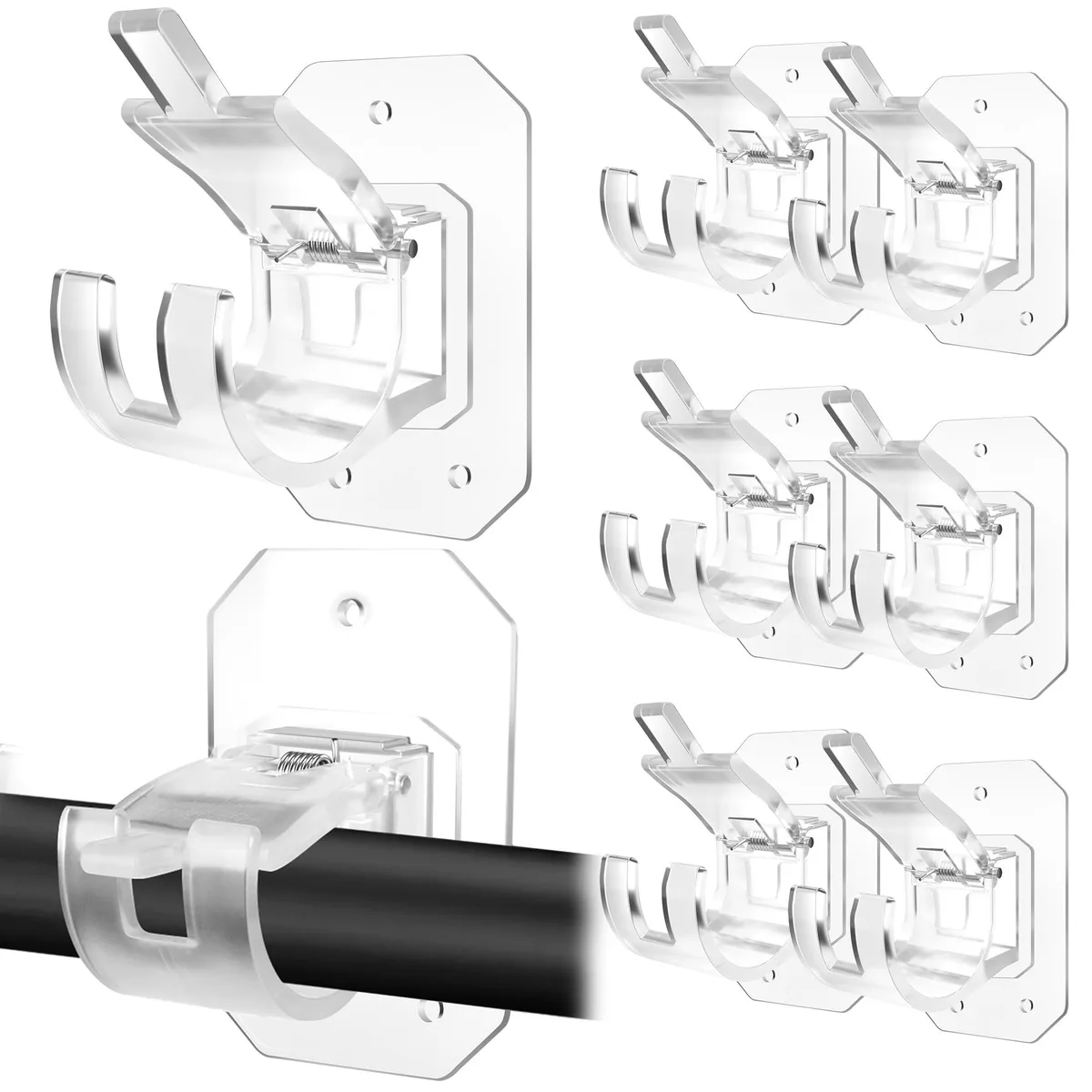 Eight transparent plastic and stainless steel adhesive brackets for curtain rods 0.78 to 1.57 inch diameter