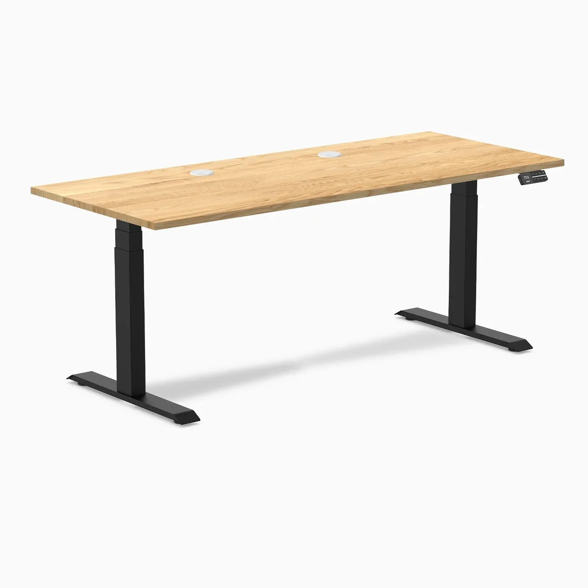 Desky Desky Dual Hardwood Sit Stand Desk White Oak 72 x 30 in Grommets Matte Black — product photo