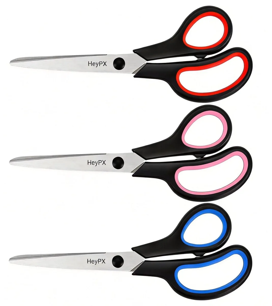 Three black 8.5 inch stainless steel scissors with comfort grip handles