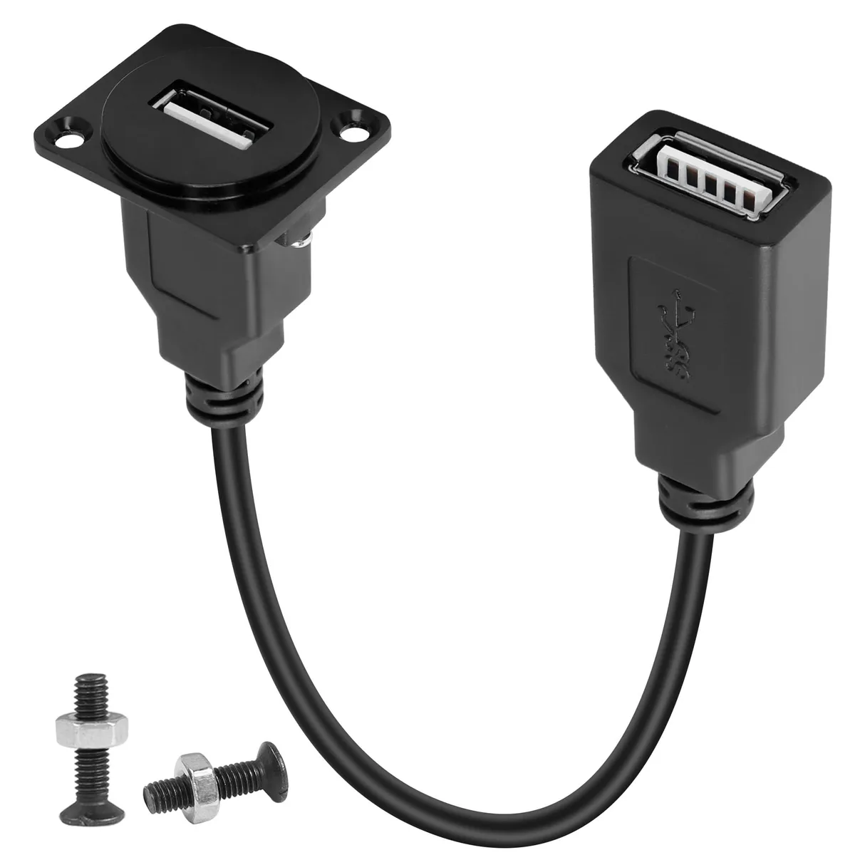 Black USB 2.0 female-to-female panel mount adapter with 23cm cable and zinc alloy flange
