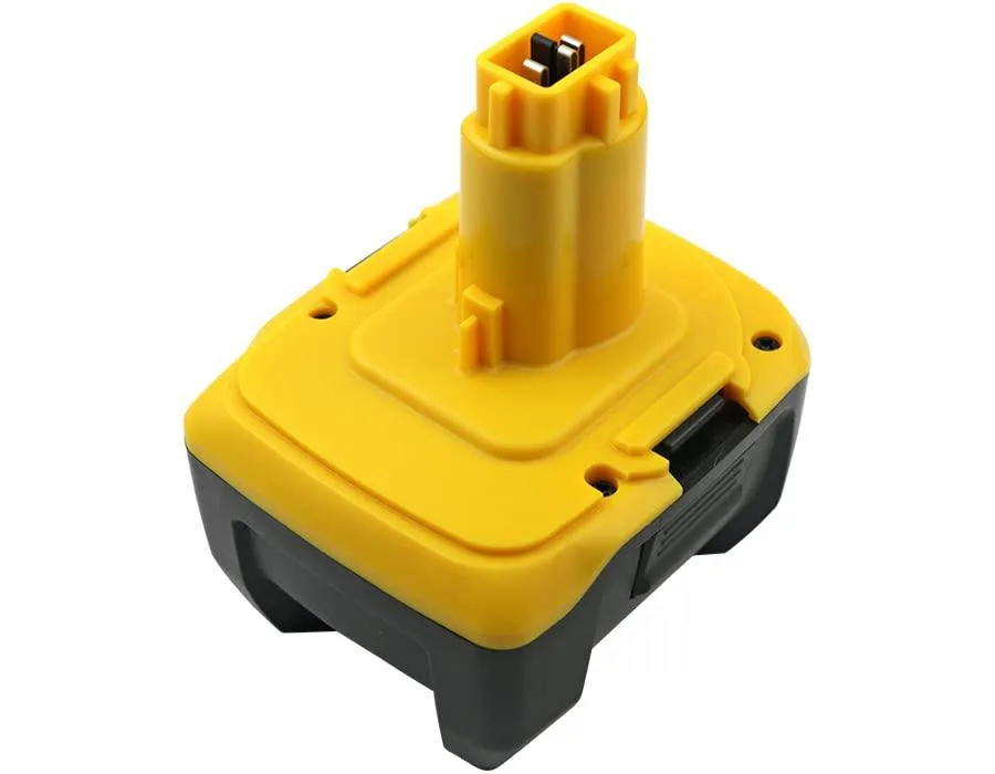 Rectangular black power-tool battery pack with yellow brand label