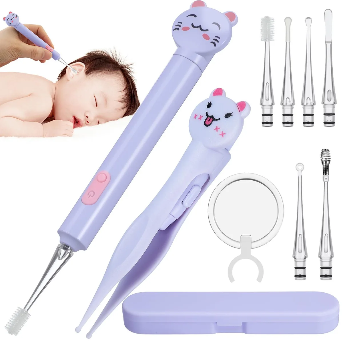Blue LED ear pick with six interchangeable silicone tips and USB cable