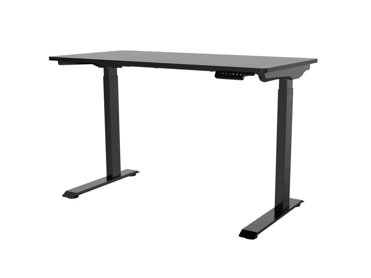 Black rectangular standing desk with silver powder-coated steel legs and one-piece wood top, single motor height adjustment