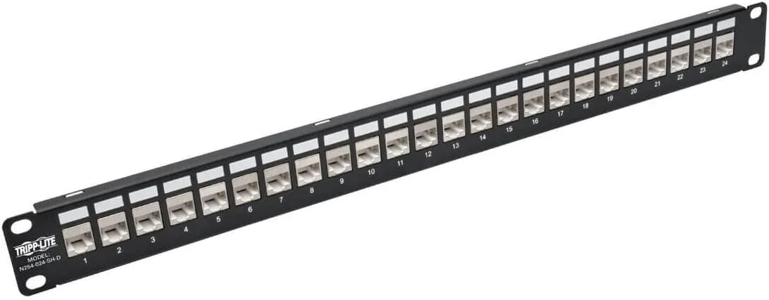 Silver 1U rack-mount panel with 24 downward-angled shielded RJ45 ports