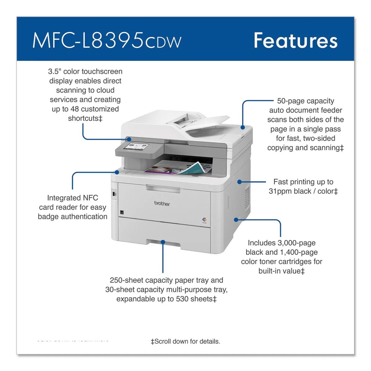 Rectangular white office printer with flat scanner lid and 3.5 inch touchscreen control panel
