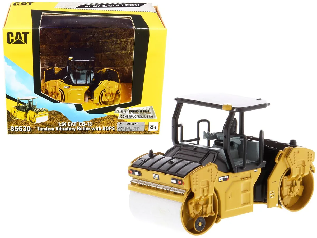 Yellow CAT CB-13 tandem roller diecast model 1/64 scale with ROPS cab and rubber tracks