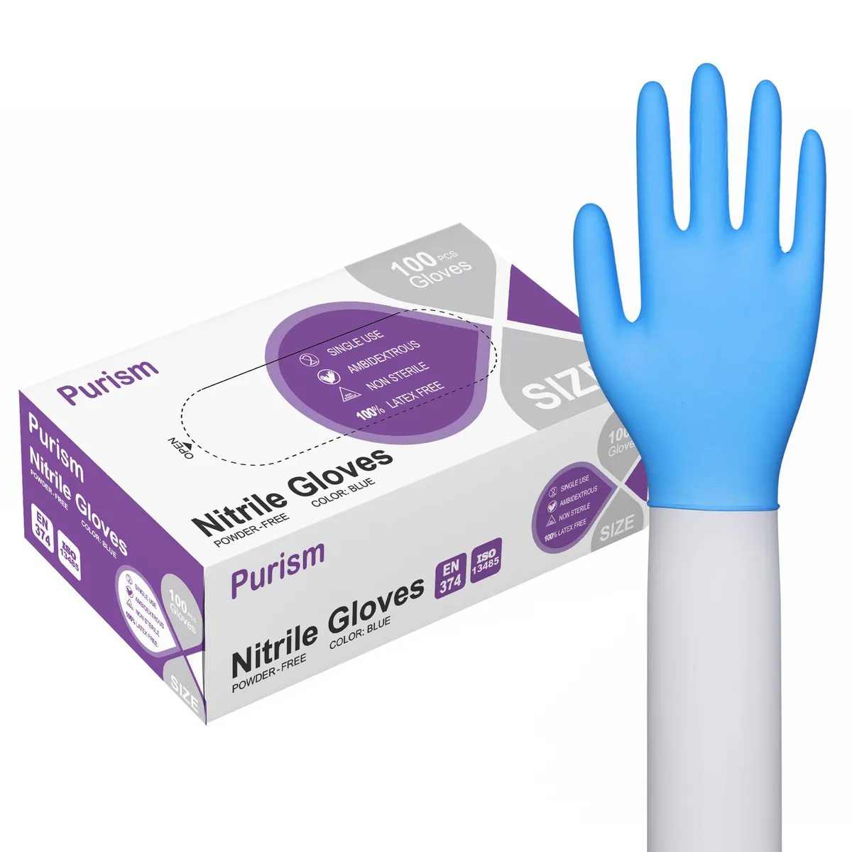 Box of 100 large blue nitrile gloves, powder-free, textured fingertips