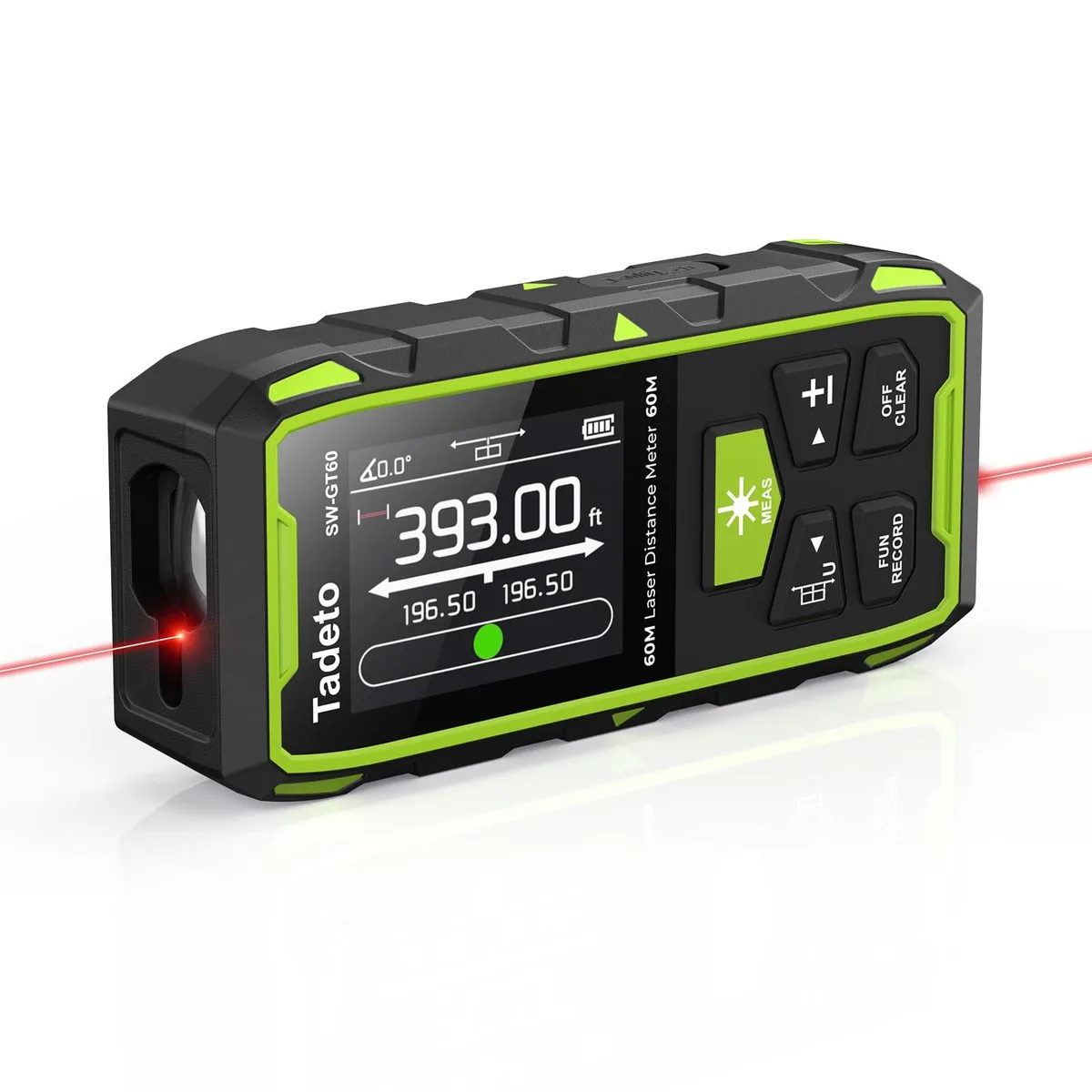Handheld dual-laser measure with backlit LCD, rechargeable, 393FT 120M range