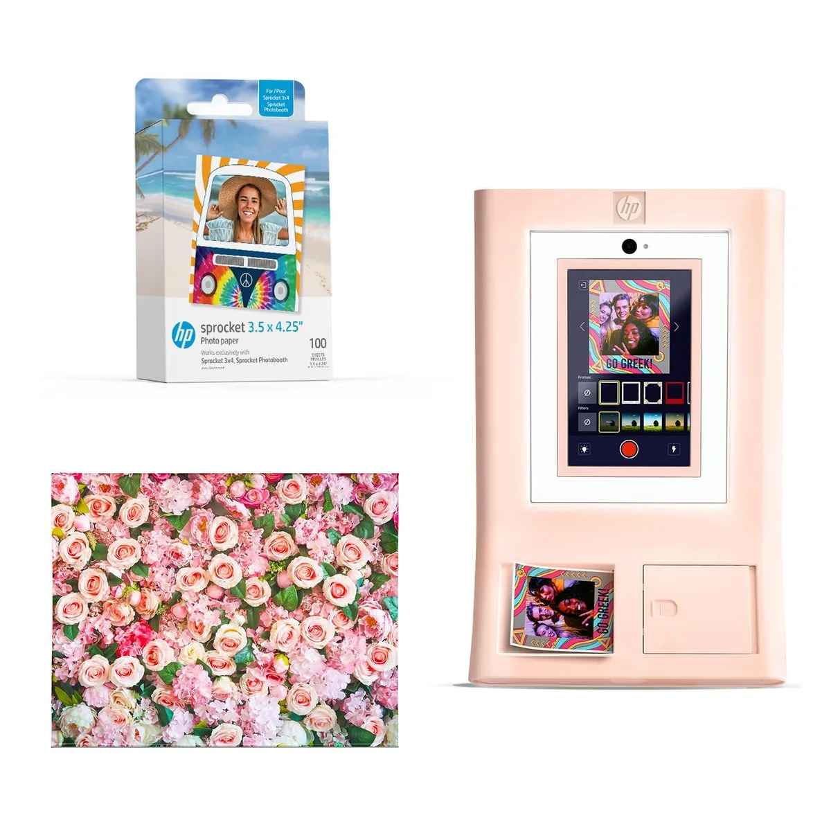 HP HP Sprocket Photo Booth Instant Color Photo Printer Pink with 100 Zink Sheets and Roses Backdrop — product photo