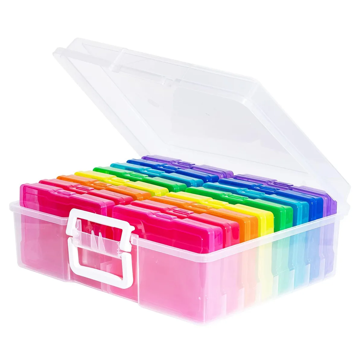 Black rectangular plastic storage case with handle holding sixteen multicoloured inner photo organizers