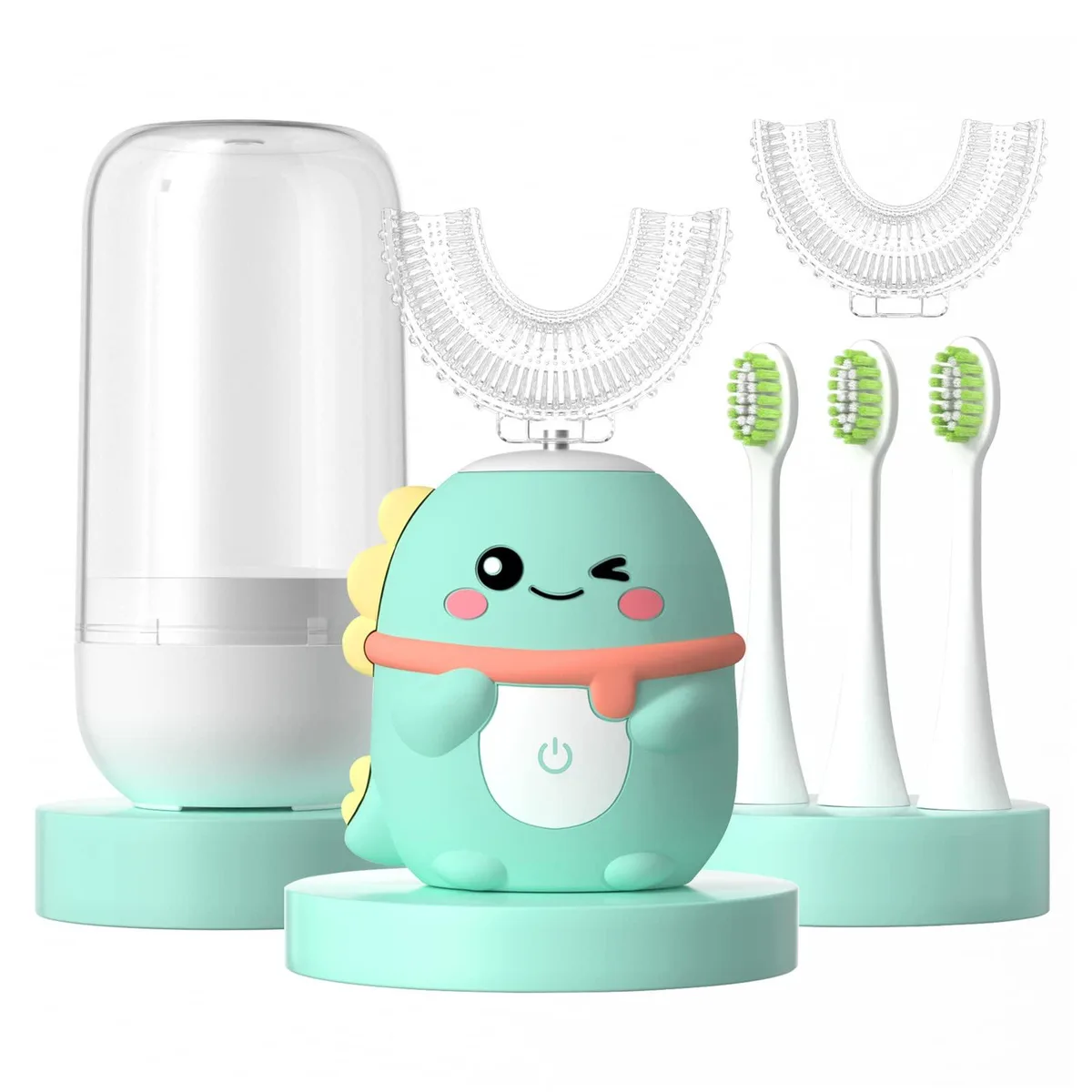 Green U-shaped electric toothbrush with dinosaur cartoon design, double-sided silicone brush head