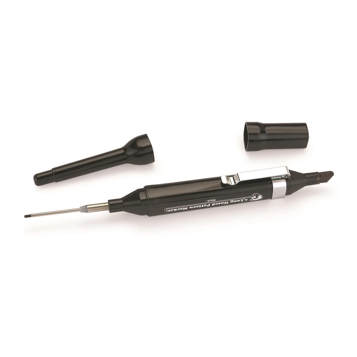 Transparent marker pen with long fine tip and chisel end