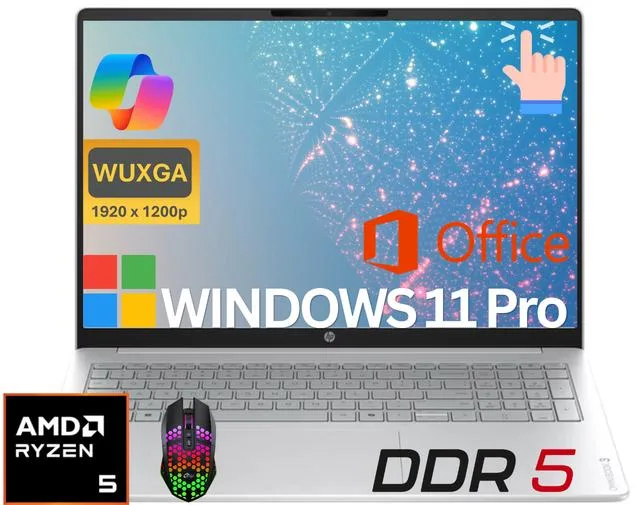 HP HP OmniBook 3 16 laptop AMD Ryzen 5 40 8GB DDR5 256GB SSD Windows 11 Pro Lifetime Office LED Mouse — product photo
