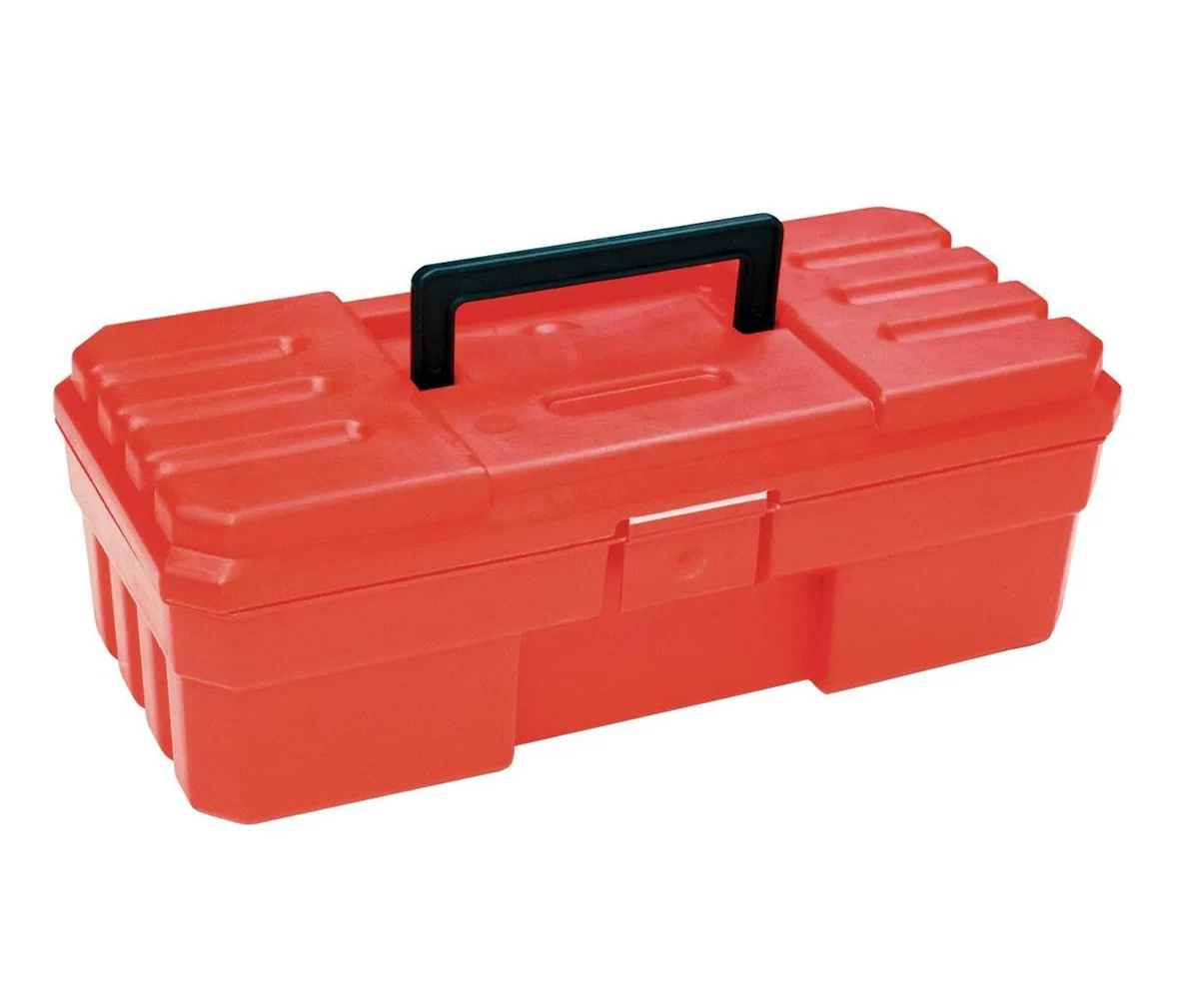 Red plastic toolbox with single latch, 12 by 6 by 4 inches