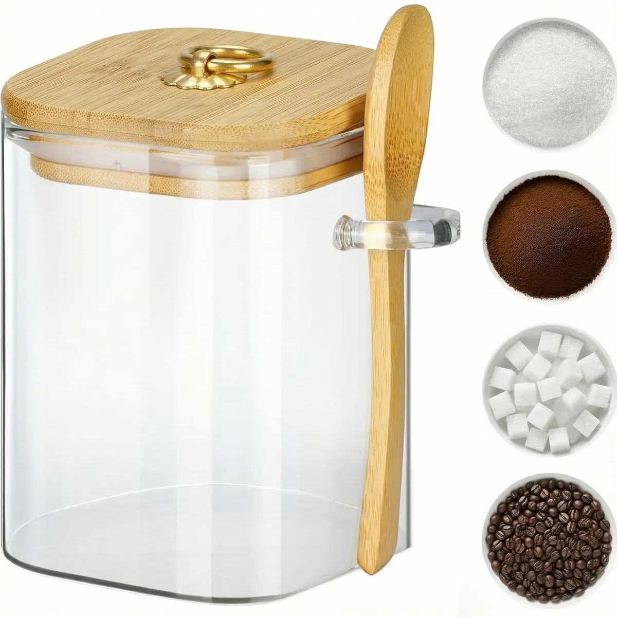 Square glass jar with bamboo lid and spoon