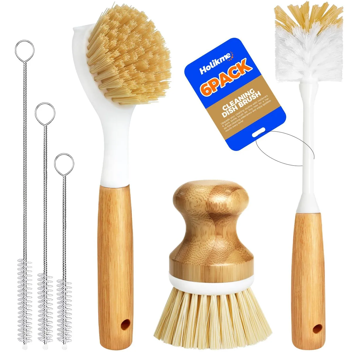 Six yellow bamboo-handled cleaning brushes including bottle, palm and straw brushes