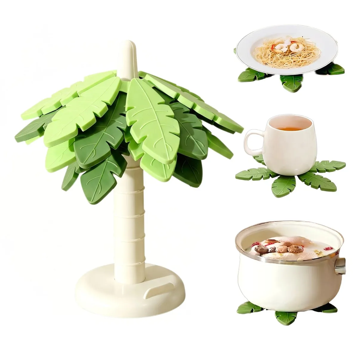 Four green silicone tree-shaped trivets with circular bases