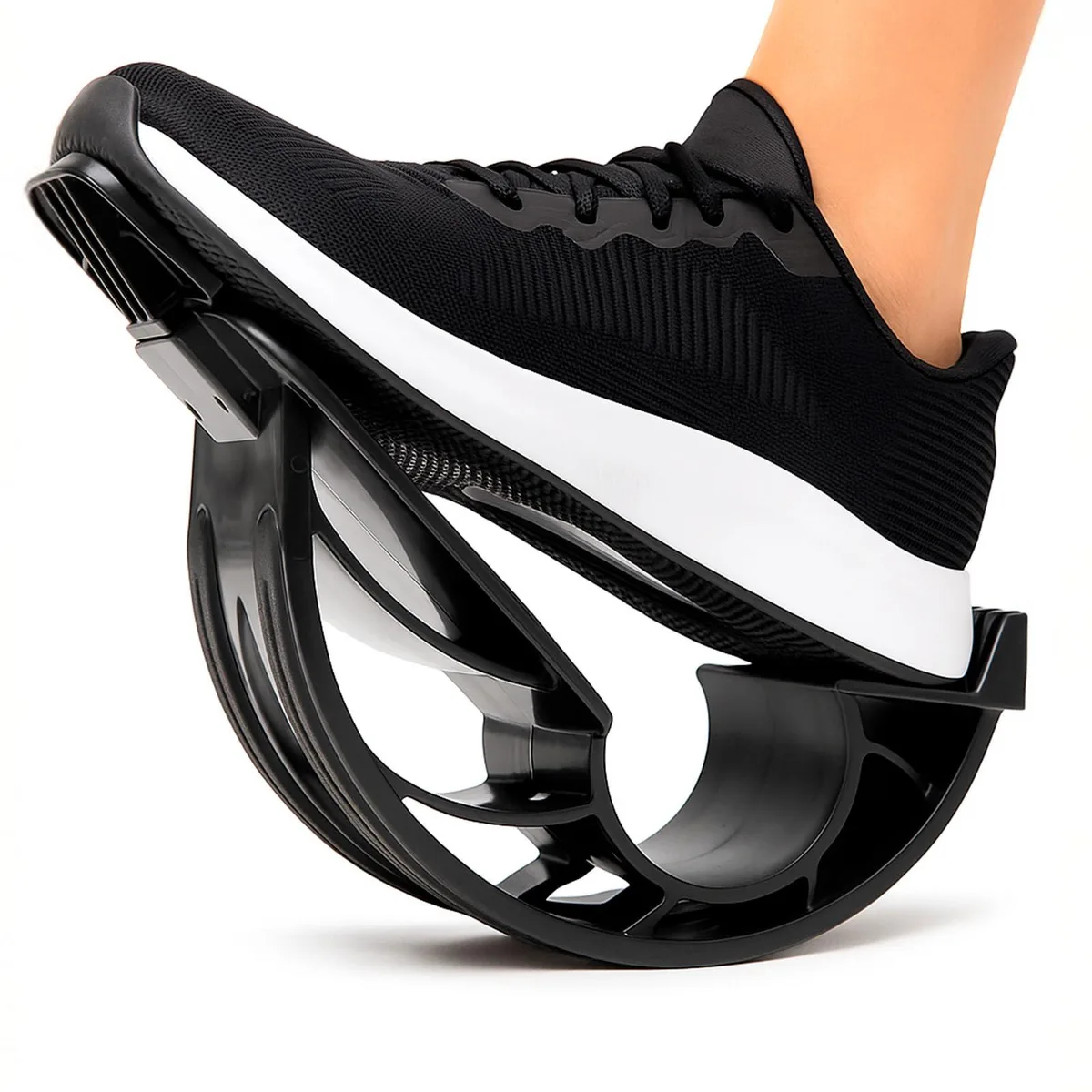 Black plastic adjustable calf stretcher with textured footplate and nonslip foam base
