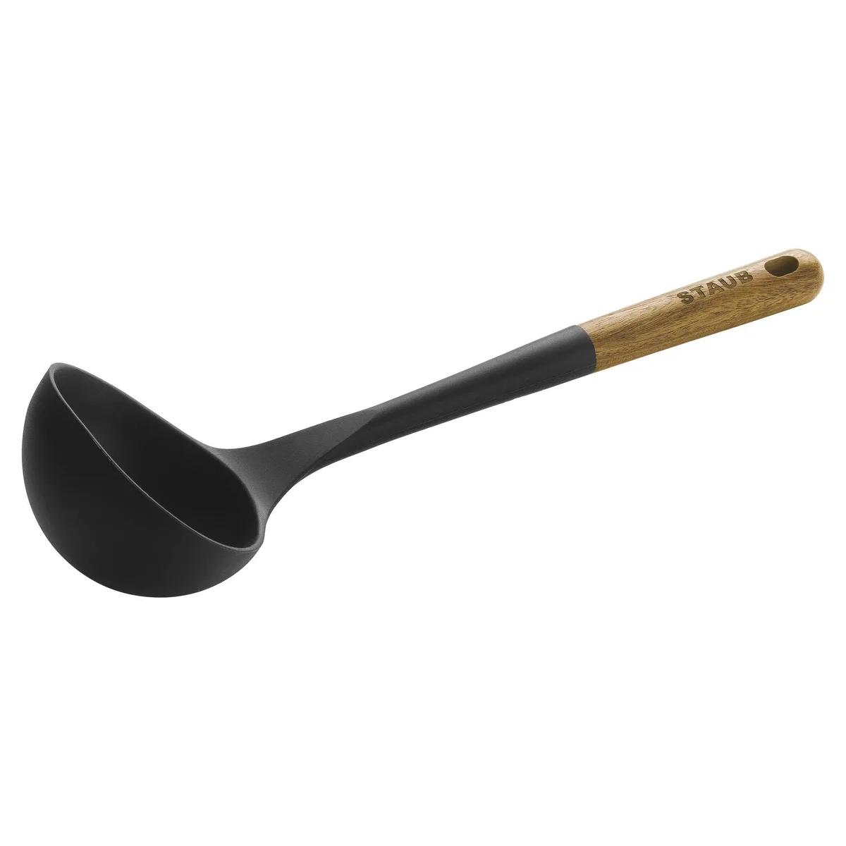 Black silicone soup ladle with acacia wood handle, 12 inches long