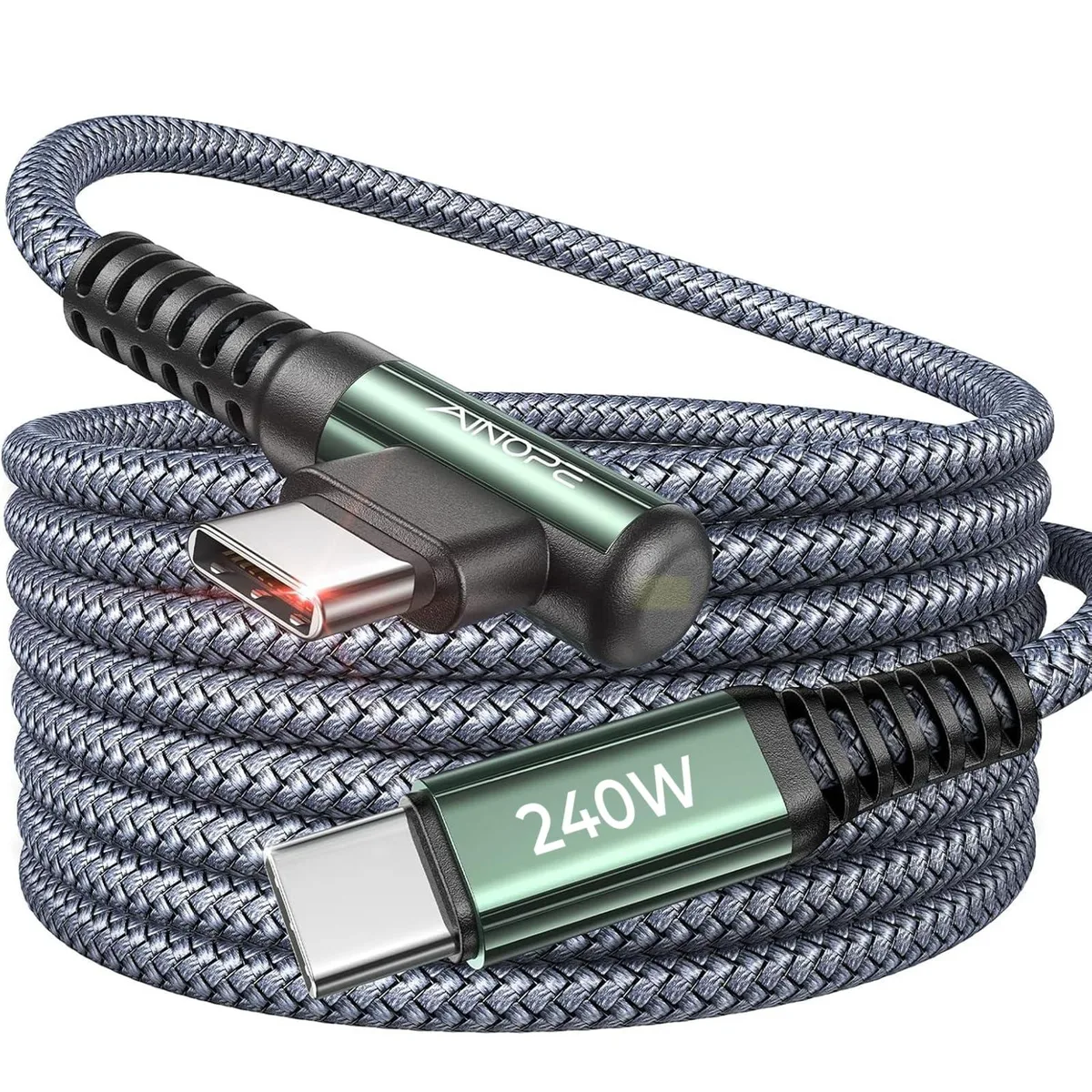 Grey braided USB-C to USB-C cable with 90-degree right-angle connectors, 10 ft long