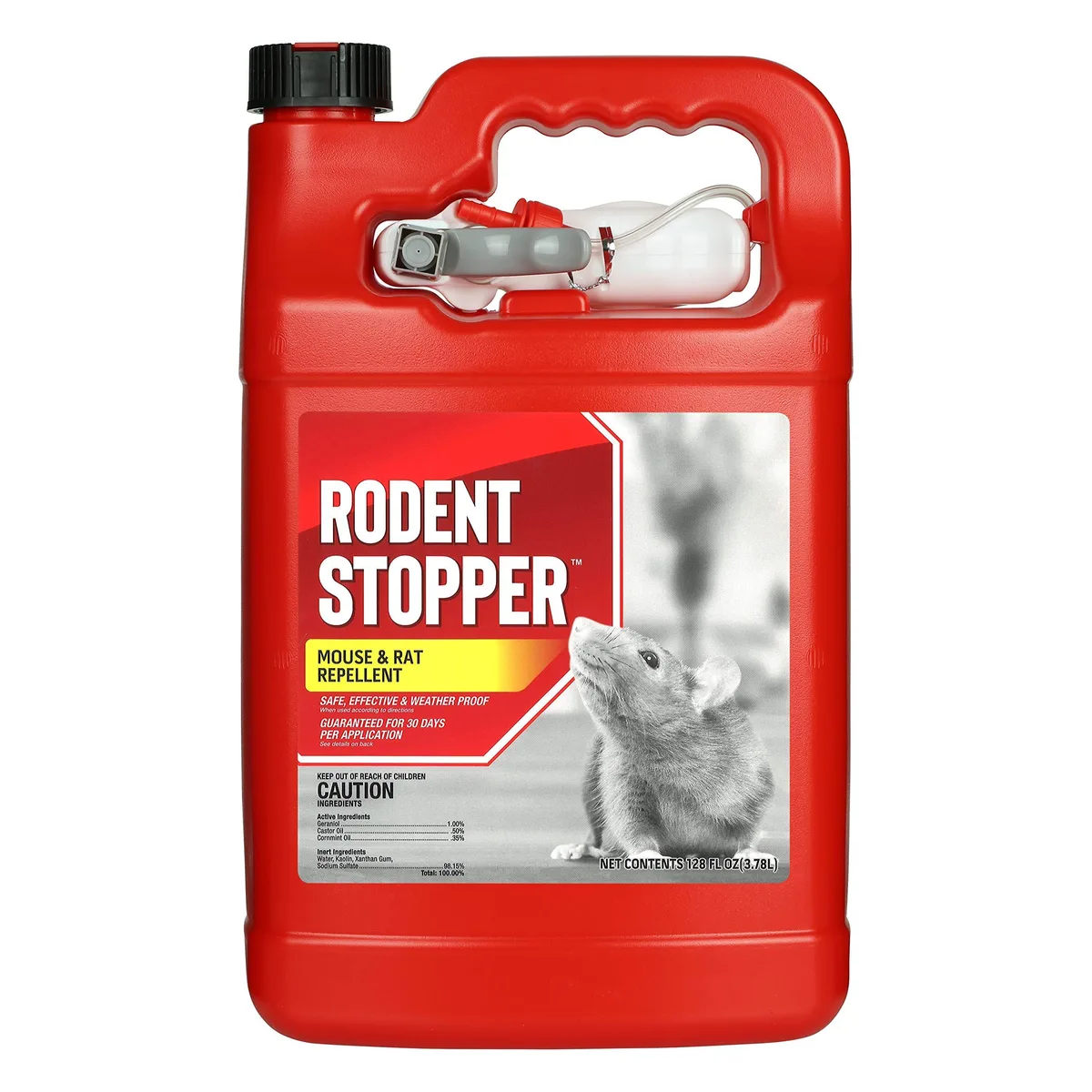 Red one-gallon container of liquid rodent repellent refill