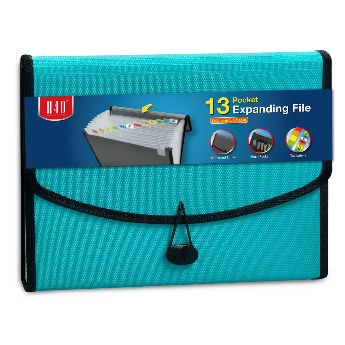 Teal expanding file folder with 13 pockets and mesh pocket