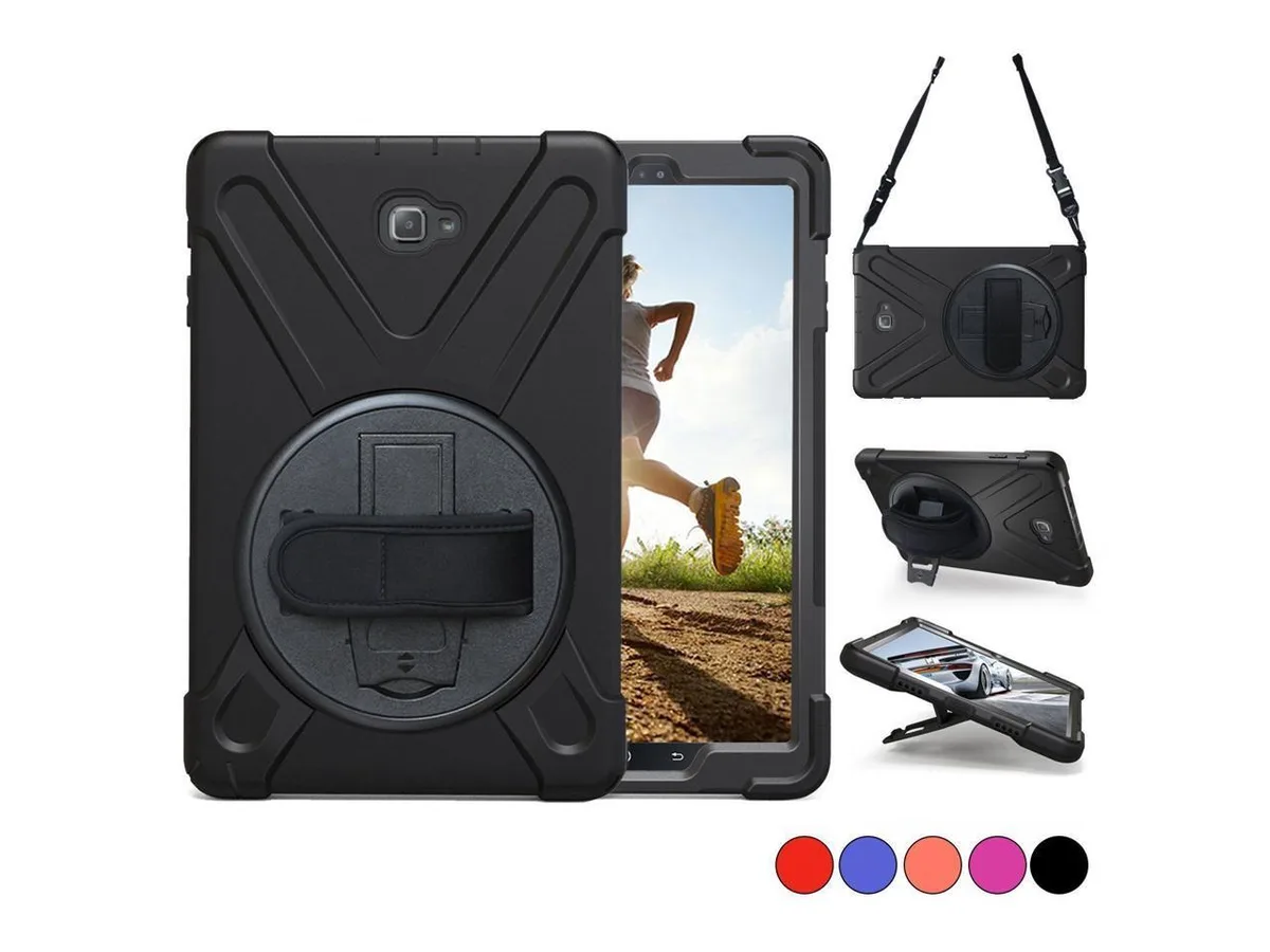 Black protective case for 10.1 inch tablet with rotating stand and shoulder strap