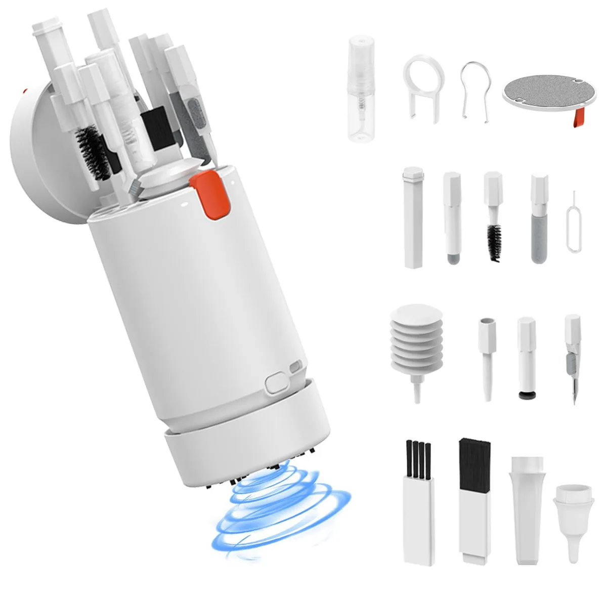 Compact 21-piece electronics cleaning kit with mini vacuum, brushes, and cloth in a portable case