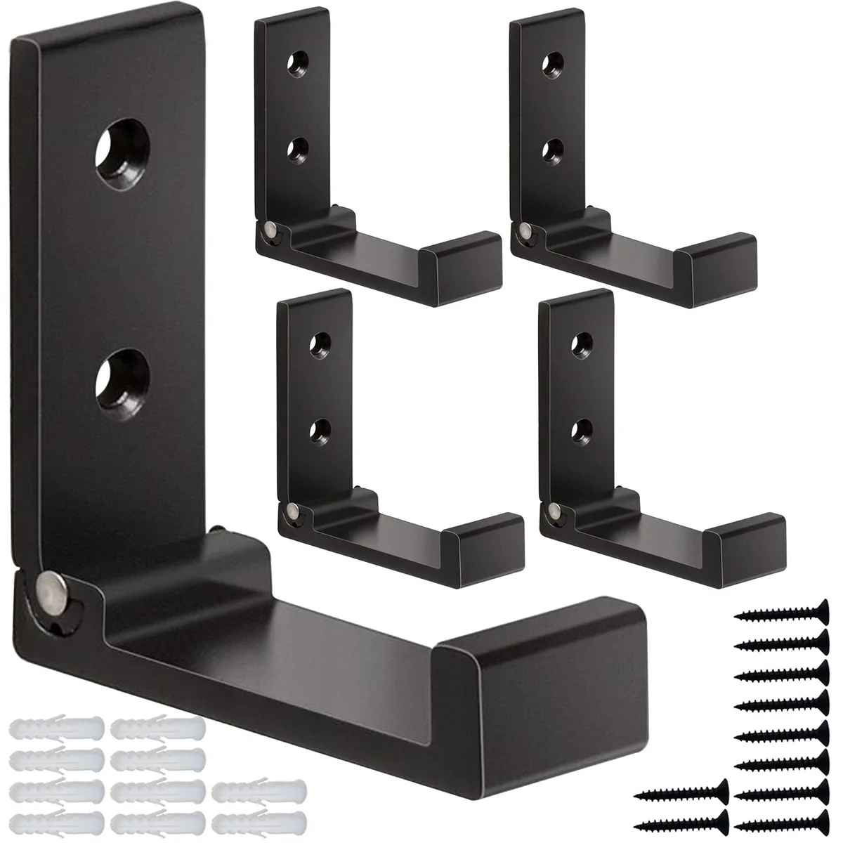 Five silver folding coat hooks with mounting hardware