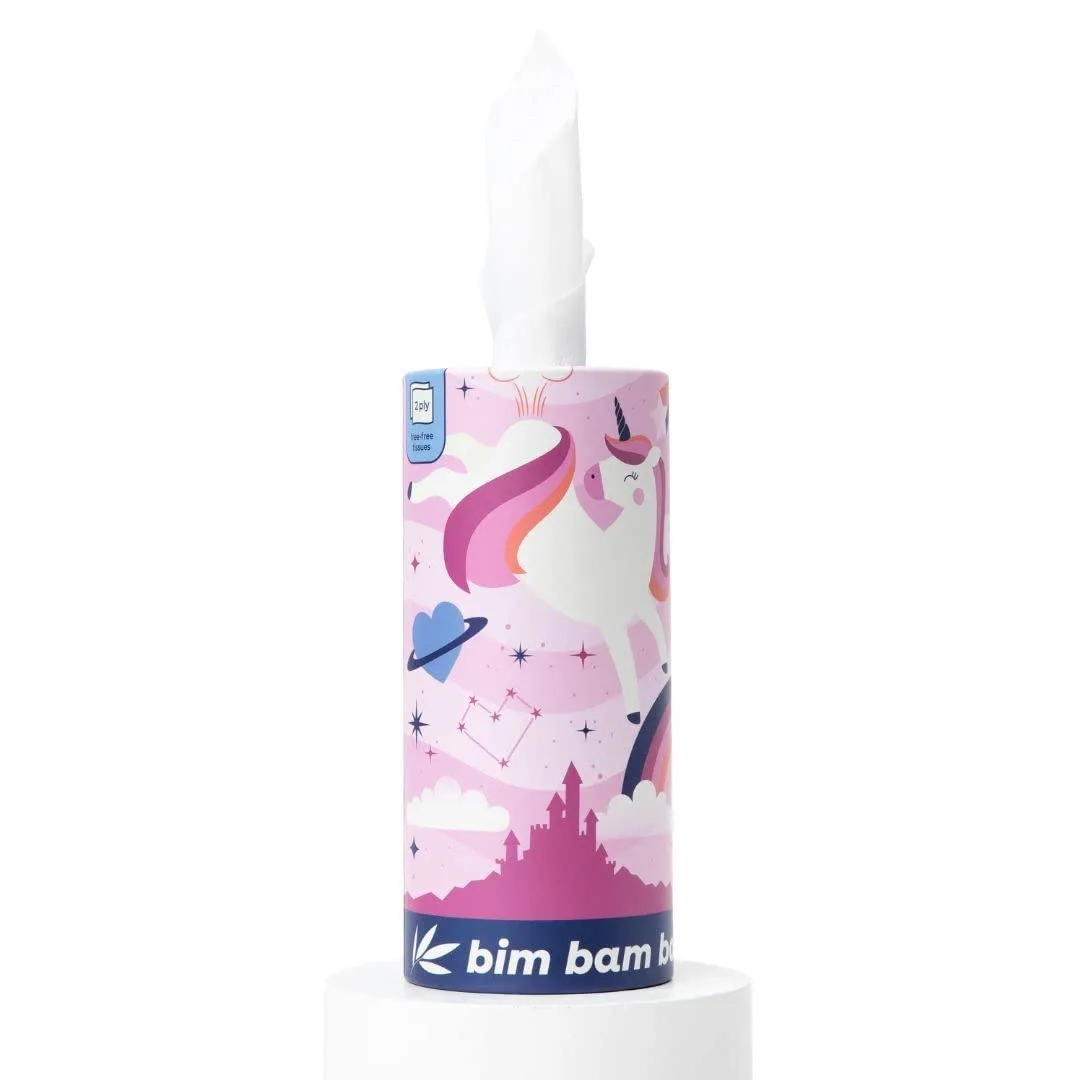 Cylindrical bamboo tissue tube with colorful wrap, 6.88 by 2.69 inches