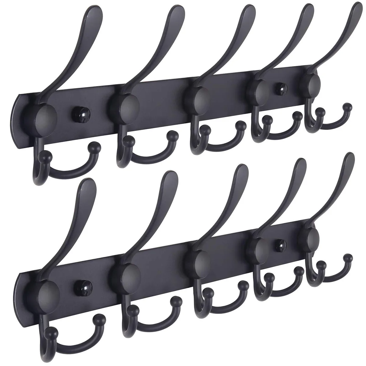 Two black stainless steel coat rails each with five triple hooks