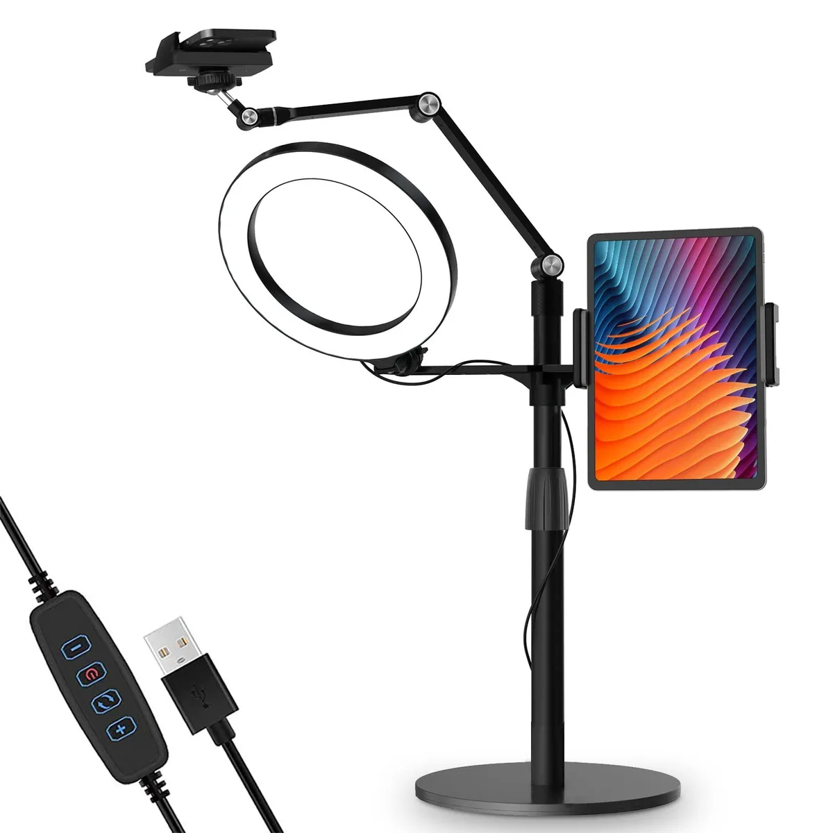  Neewer 3-in-1 Selfie Desktop Live Stand 8" LED Ring Light 3.5-13" Tablet Phone Black — product photo