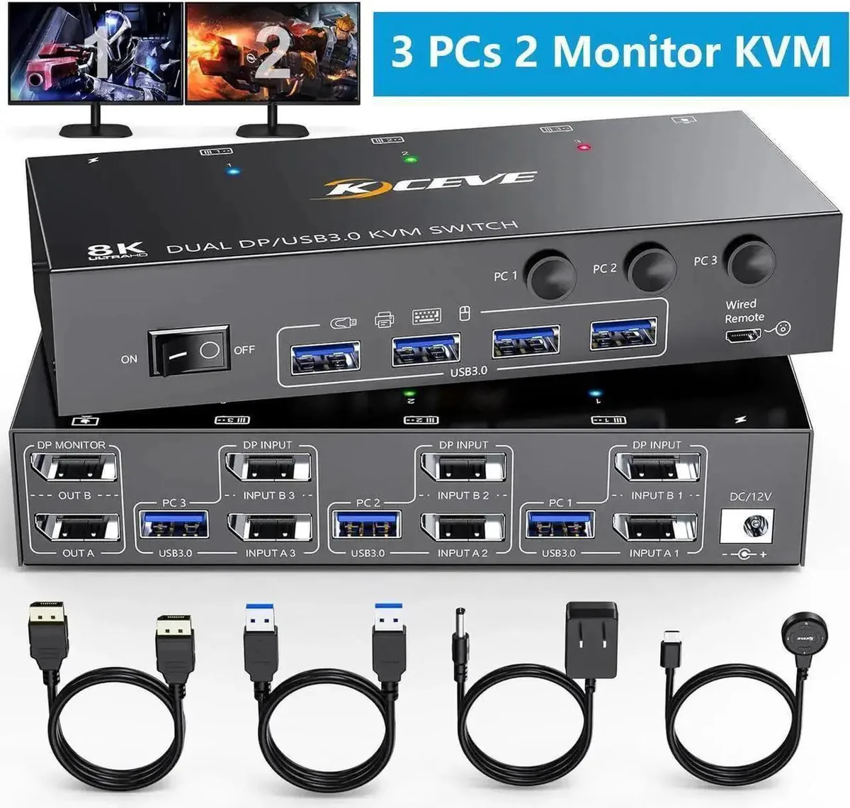 Vszerda Vszerda DP KVM Switch 3 PCs 2 Monitors USB 3.0 8K@30Hz 4K@144Hz Wired Remote — product photo