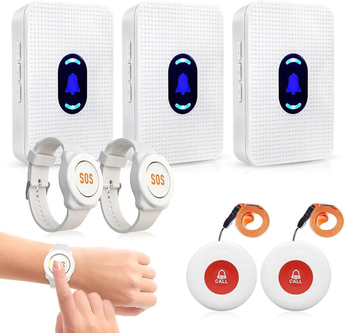 WUQ WUQ Wireless Caregiver Pager System 2 SOS Buttons 2 Watch Pagers 3 Receivers 500+Feet Range — product photo