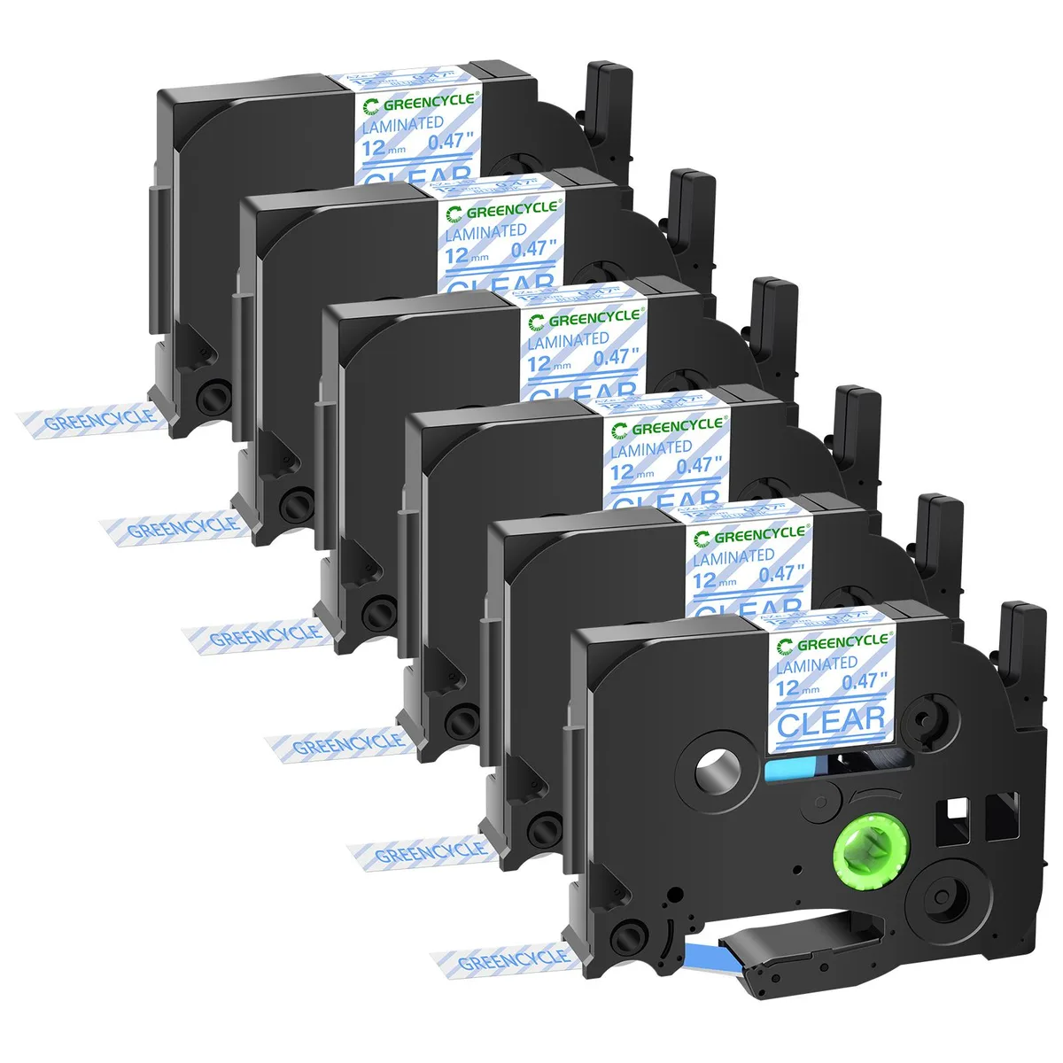 GREENCYCLE GREENCYCLE TZe-133 12mm Blue on Clear Laminated Tape 6 Pack — product photo