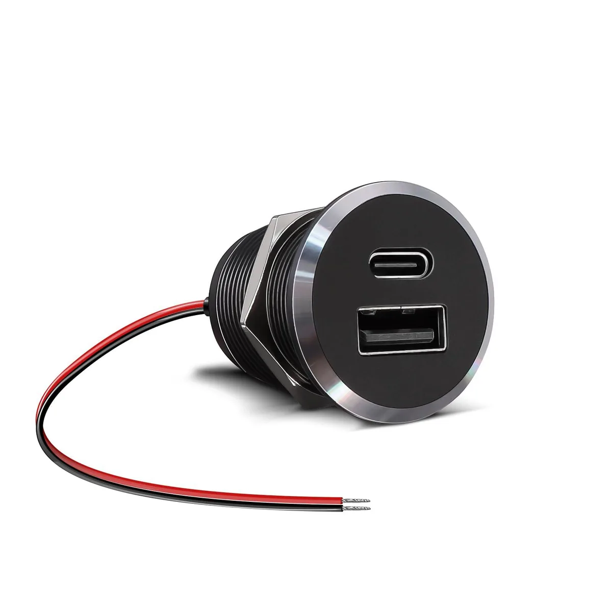 Small aluminum panel with USB-A and USB-C ports for recessed mounting