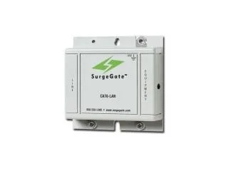 Small white rectangular surge protector 4.3 by 4.3 by 1.5 inches with Ethernet ports