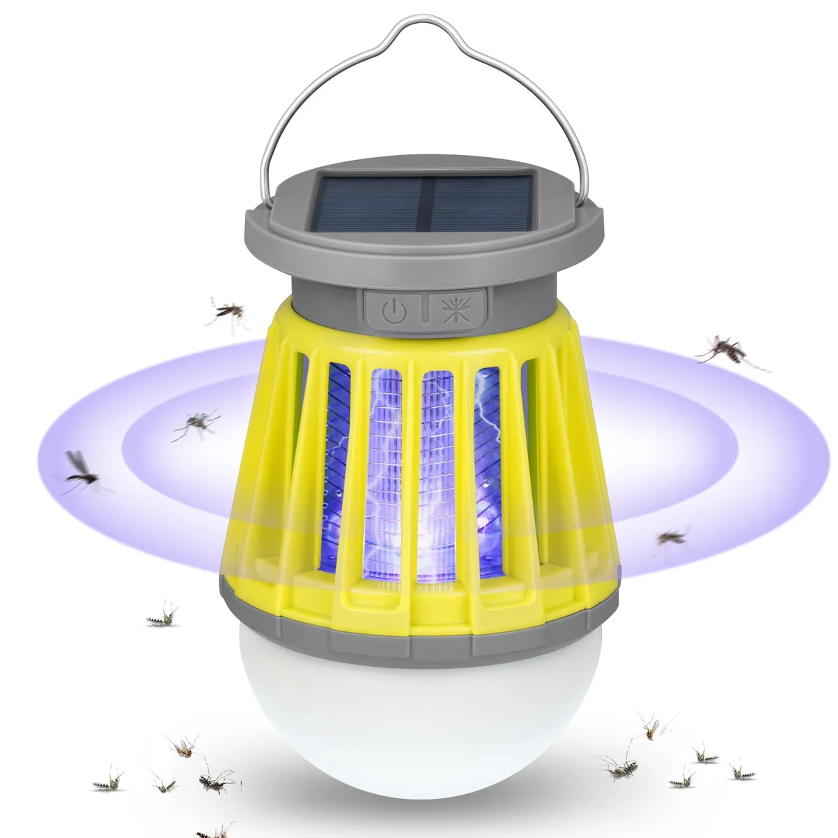 Green cylindrical solar bug zapper with USB-C port and hanging loop