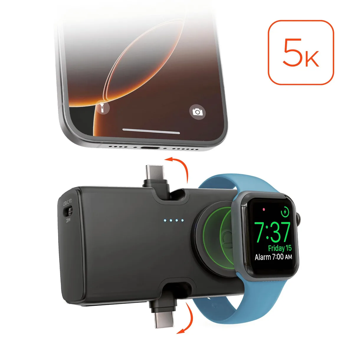 HyperGear HyperGear Power Pack Nano 5000mAh power bank with built-in USB-C connectors and Apple Watch charger — product photo
