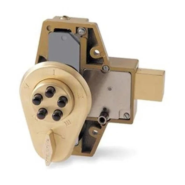 Satin brass mechanical push-button deadbolt with thumb turn