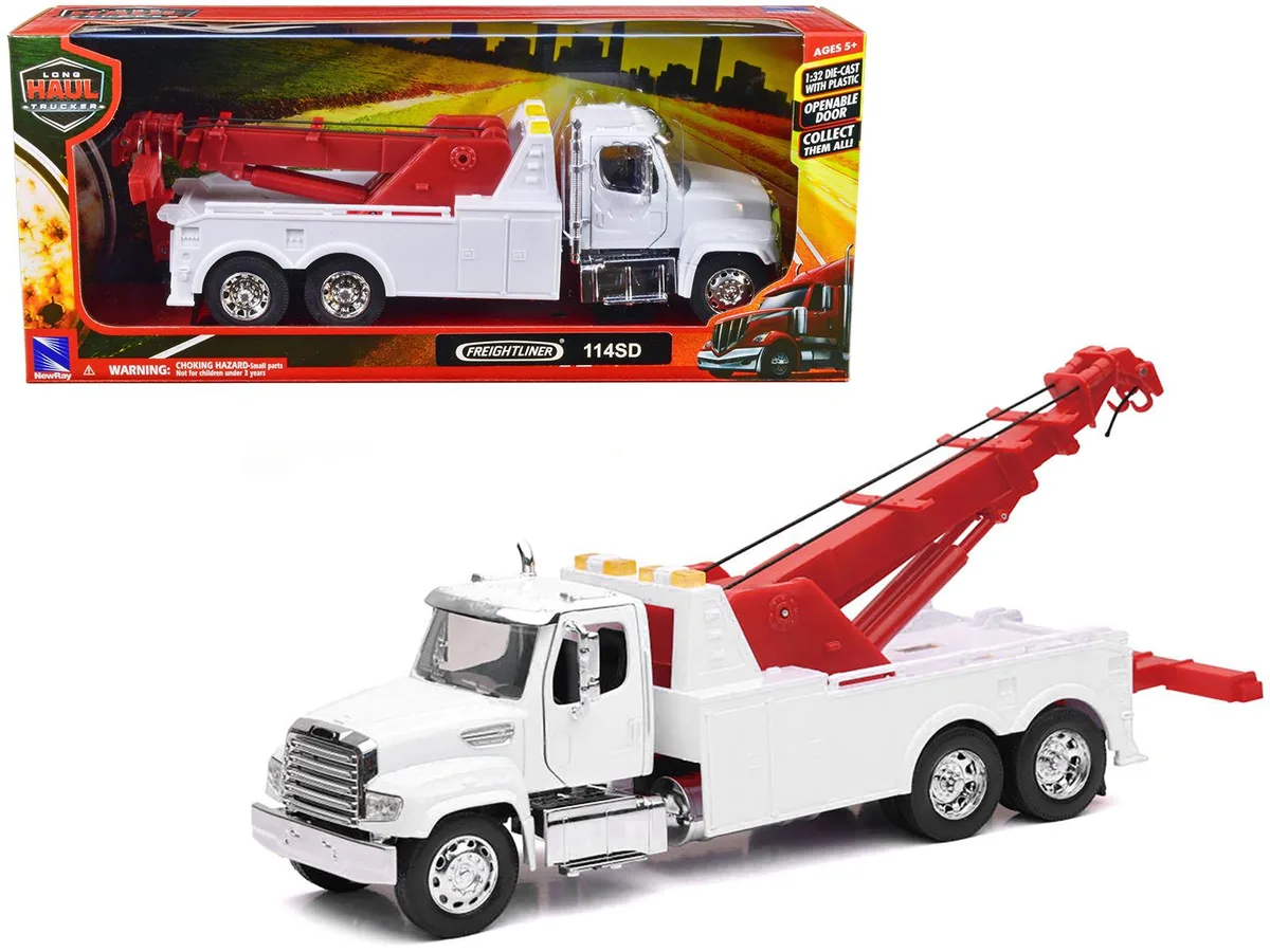 New Ray Toys New Ray Toys Freightliner 114SD Tow Truck White and Red 1/32 Diecast — product photo