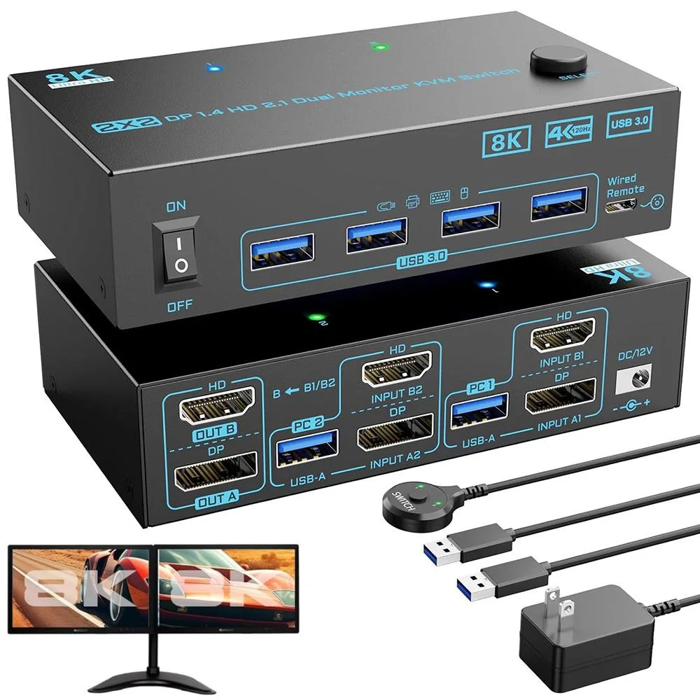 Hitoor Hitoor 8202KVM 2-Port HDMI DP KVM Switch 8K@60Hz 4K@144Hz 4×USB 3.0 — product photo